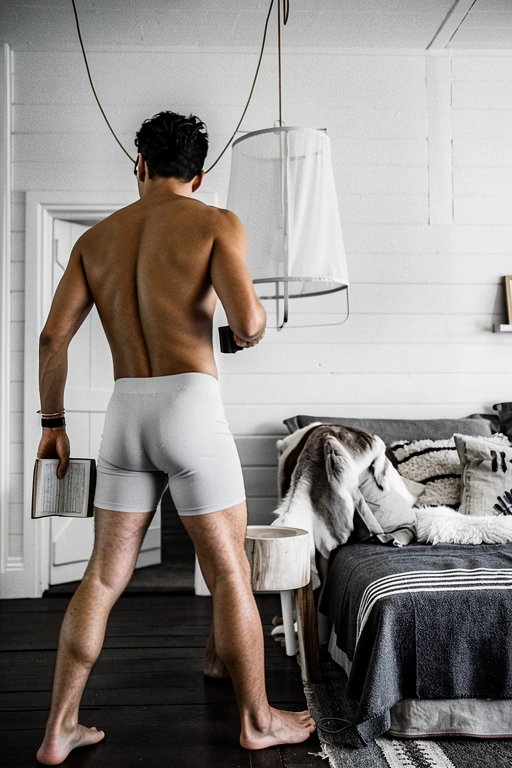 Man wearing light-gray boxer briefs in a calm everyday bedroom scene